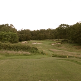 The view from the 11th tee - showing seven of the eight bunkers which guard the green.